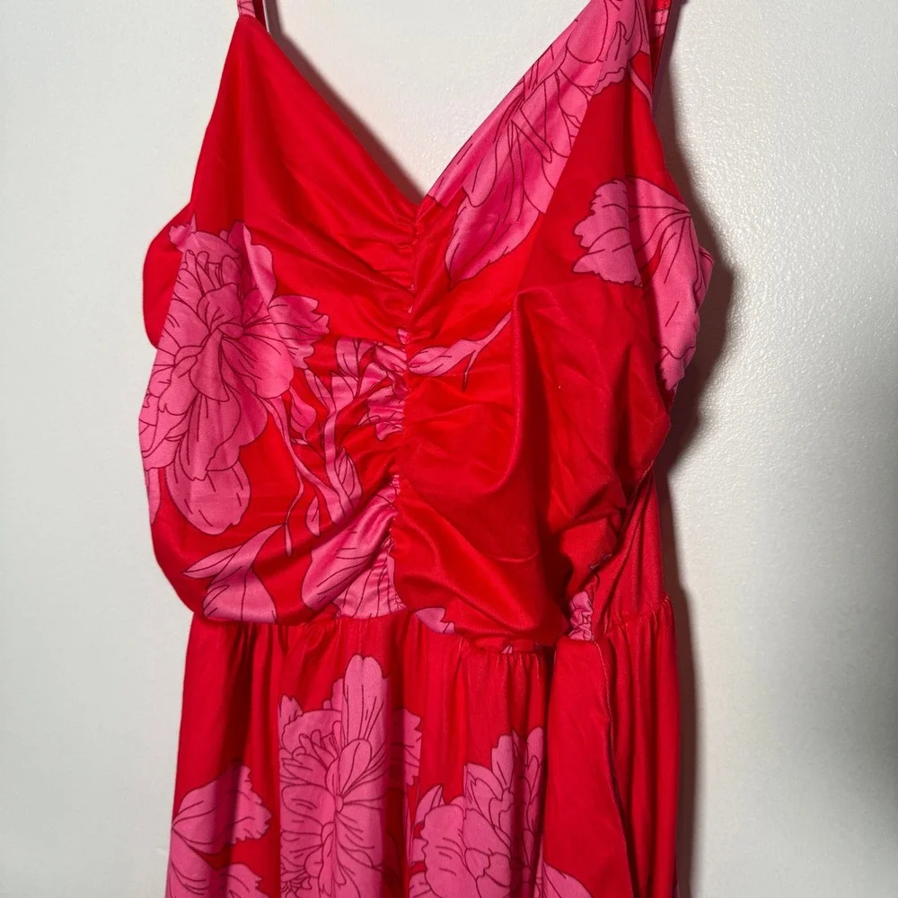 Cupshe Womens Floral Ruched V-Neck Maxi Dress Red Pink Large NWT - Picture 3 of 10